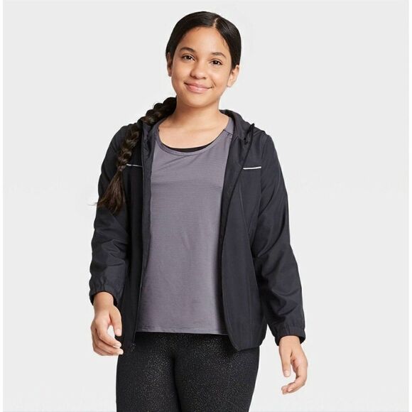 All In Motion Girls  S, L  Black Light Weight Water Resistant Rain Jacket - Picture 2 of 6